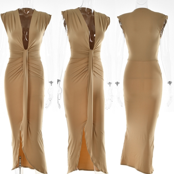 ☆Apricot Beige Deep V-Neck Pleated Womens Bandage Dress☆ - Picture 2 of 3